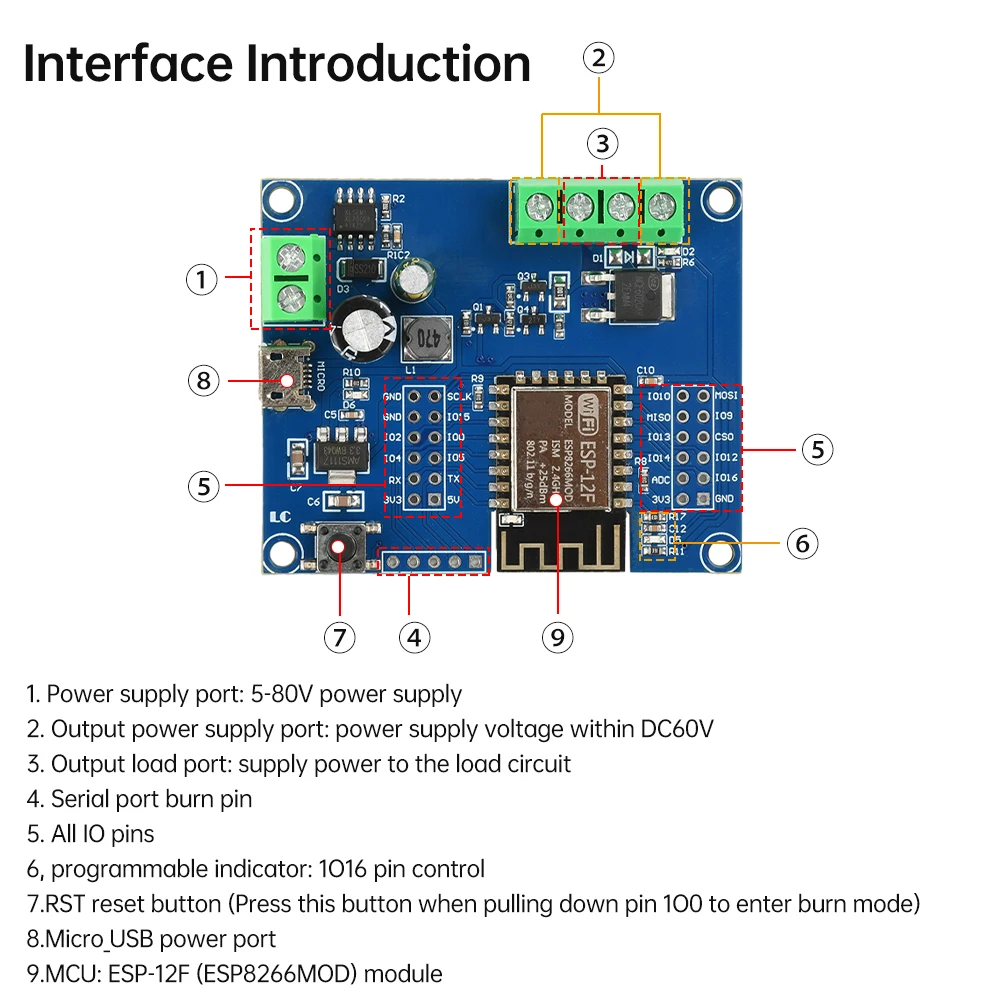 DC 5-80V ESP8266 WiFi Single Relay MOS Switch Control Module - ESP-12F ...