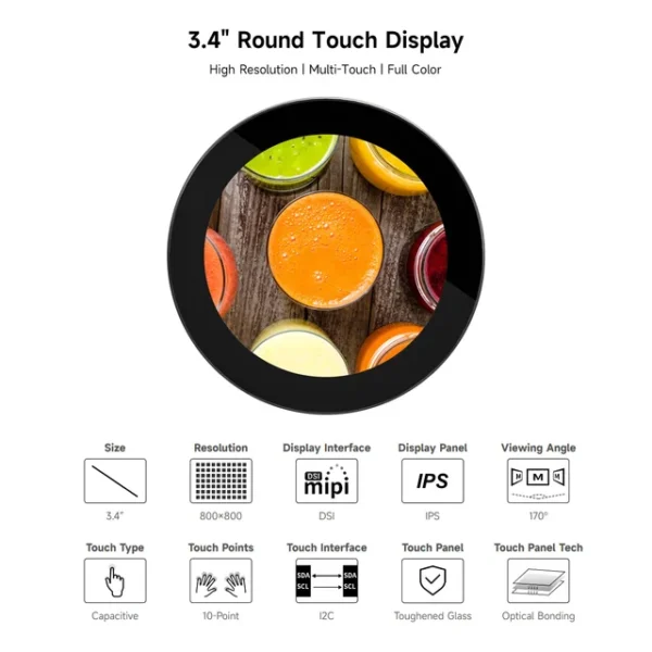 3.4inch DSI Round Touch Display for Raspberry Pi 5/4B/3B+/3A+, Toughened Glass. 800×800, 170° Viewing Angle